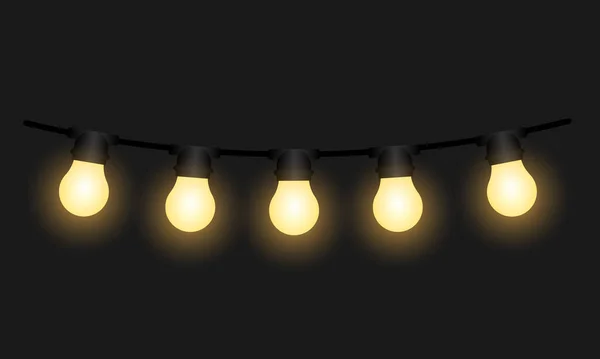 Light Bulbs Christmas String Lights Garland Vector Illustration Isolated Black — Stock vektor