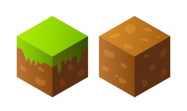 Toprak ve çimen bloğu. Oyun tasarımı için vektör ögesi. beyaz arka planda izole edilmiş. Oyun Platformları. Oyunlar için Ögeler.