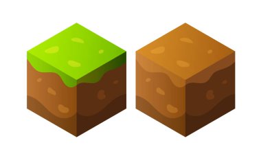 Toprak ve çimen bloğu. Oyun tasarımı için vektör ögesi. beyaz arka planda izole edilmiş. Oyun Platformları. Oyunlar için Ögeler.