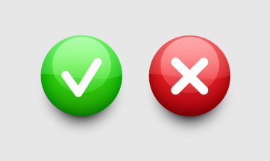 İşaretle ve çapraz simge yap. Üzerinde beyaz işaret ve haç olan yeşil ve kırmızı 3D düğmeler. Beyaz arkaplanda vektör ortamı izole edildi.