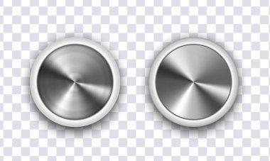 İki metal yuvarlak düğme. Metal kenarlı düğme, beyaz arkaplanda izole.