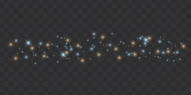 Şeffaf bir arkaplanda çok renkli kıvılcımlar. Stardust, Lens Fişeği. Gri arkaplanda izole edilmiş vektör illüstrasyonu.