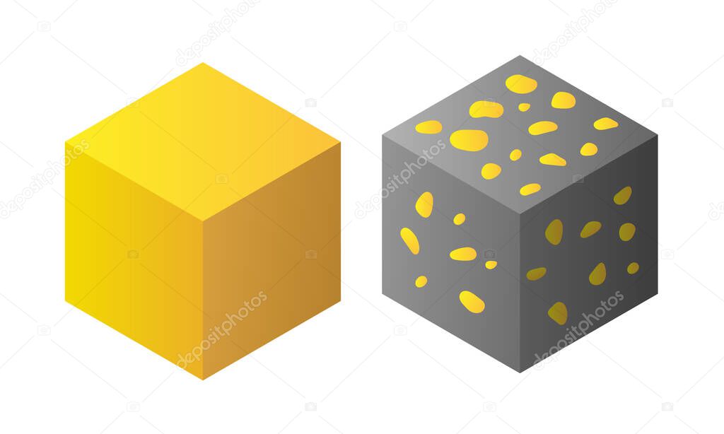 Gold block, vector element for game design. ube isolated on white background. Gold Ore game sprite. Set of Game Platforms. Block of Gold. Items for Games.
