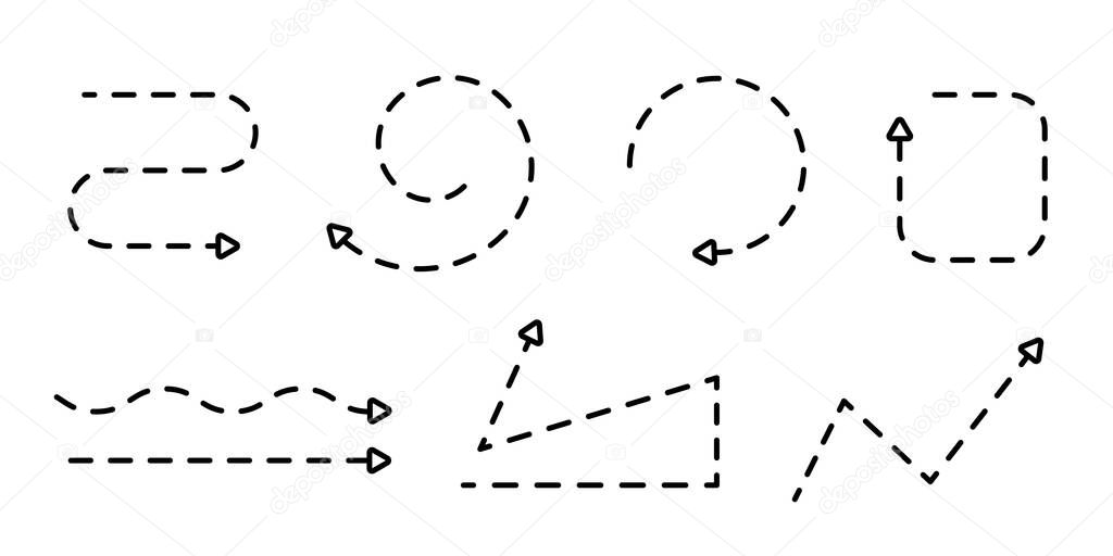 Set of arrows from dotted line. Dotted arrows of various shapes for presentations and banners. Vector clipart isolated on white background.