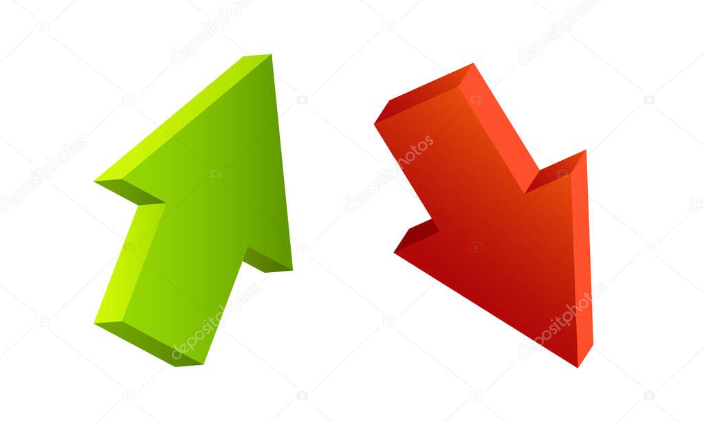 Up and down arrows. Vector red and green 3d arrow set isolated on white background.