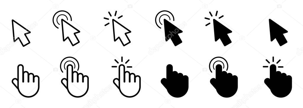 Computer Mouse click cursor. Mouse pointers set. Black vector icons of arrows and hands. Vector clipart.