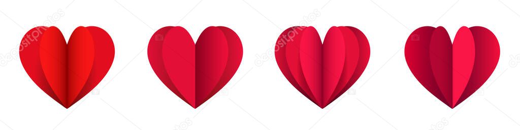  Set of origami hearts. Red and pink paper hearts. Vector 3d clipart isolated on white background.