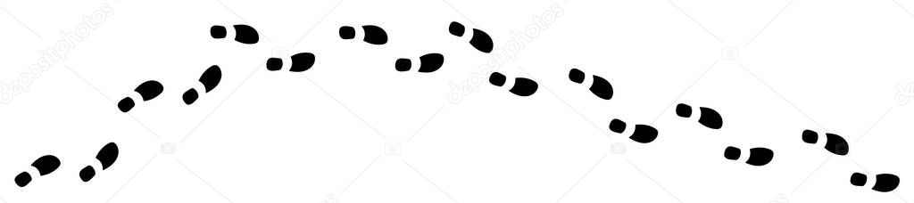 Shoe prints line. Human footprints. Vector black silhouettes of boot prints. Black icons on white background.