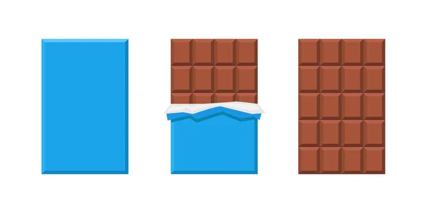 牛奶巧克力棒 两个巧克力包在蓝色的包装纸里 打开包装的巧克力棒 在白色背景上隔绝的病媒群 — 图库矢量图片