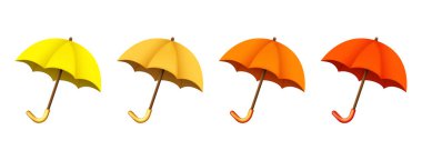 Üç boyutlu şemsiye. Sarı, kırmızı ve turuncu mat şemsiyeleri. Beyaz arkaplanda vektör ortamı izole edildi.