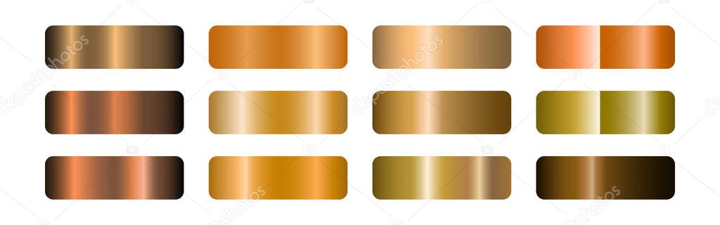Set of golden textures. Dark, light, red, white, pink, gold. Vector clipart isolated on white background.