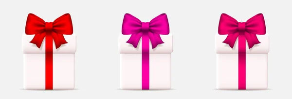 Подарочная Коробка Бантиком Набор Подарочных Коробок Красными Розовыми Фиолетовыми Бантами — стоковый вектор