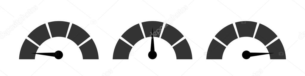 Set of speedometers. Car speed indicator black icons isolated on white background. Vector clipart.