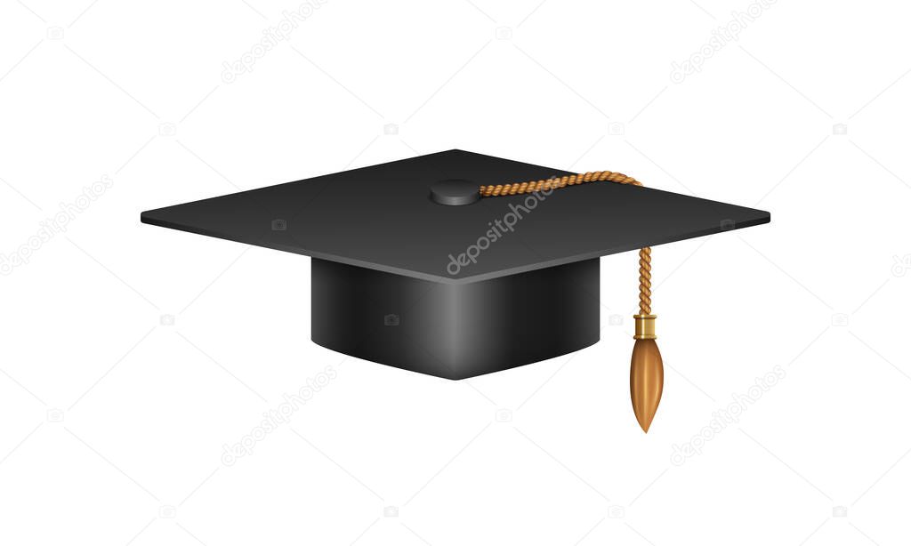 Graduation hat. Graduation hat with golden tassel. Vector clipart isolated on white background.