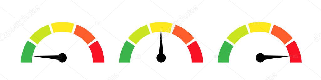 Set of speedometers. Car speed indicator black icons isolated on white background. Vector clipart.