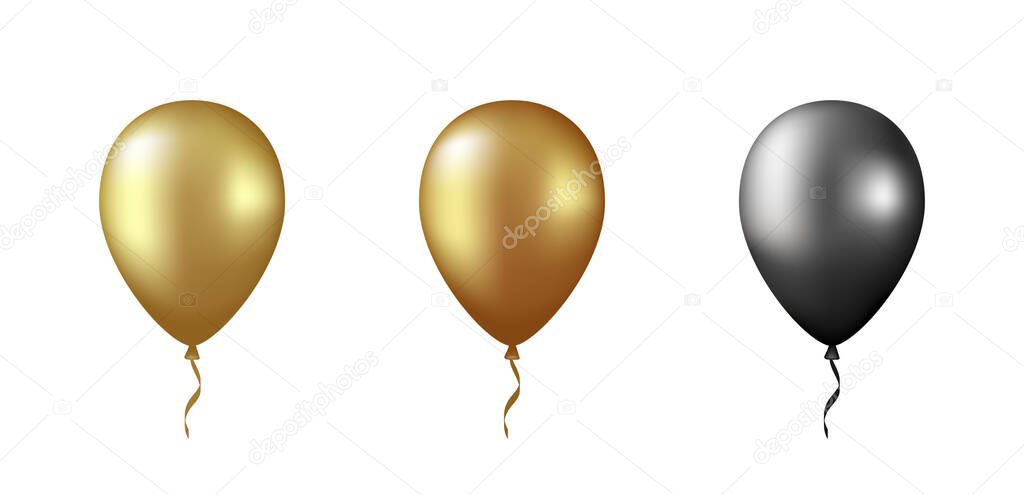 Balloons set. Golden and black balloons. Vector realistic 3d clipart isolated on white background.