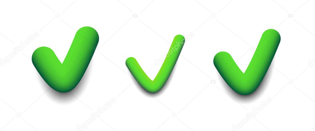 Green check mark. Vector 3d check mark isolated on white background.