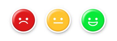 Puanlama ölçeği ya da duygu simgesi şeklinde acı ölçeği. Kırmızıdan yeşile gülen yüz. Gülen çıkartmalar. Beyaz arkaplanda vektör ortamı izole edildi.