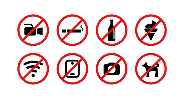 Signos Prohibición Conjunto Iconos Negros Tachados Círculos Rojos Clipart Vectorial — Vector de stock