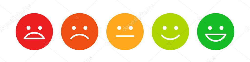 Rating scale or pain scale in the form of emoticons. From red to green smiley. Vector clipart isolated on white background. Flat smiley.