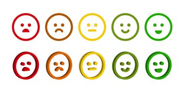 Isome tritric emoticon. Puanlama ölçeği ya da duygu simgesi şeklinde acı ölçeği. Kırmızıdan yeşile gülen yüz. Beyaz arkaplanda vektör ortamı izole edildi.