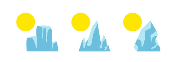 太阳和冰 冰川融化 被白色背景隔离的向量群 一组彩色图标 — 图库矢量图片