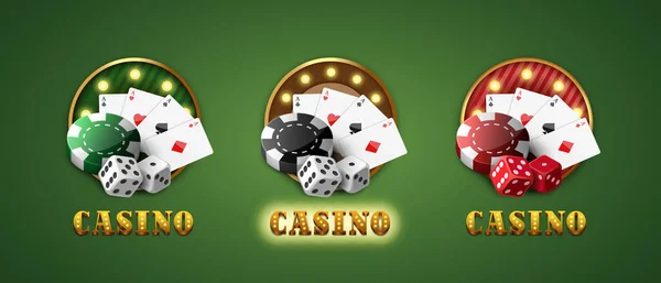 卡西诺牌赌场的概念 关于赌场和赌博主题的作曲 3D标志 在绿色背景下孤立的向量群 — 图库矢量图片