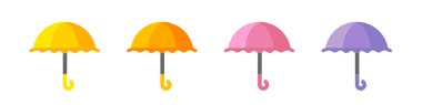 Flat cartoon umbrella. Set of yellow, orange and purple umbrellas. Vector clipart isolated on white background.