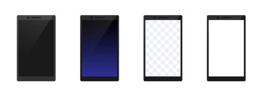 Akıllı telefonlar hazır. Boş, siyah ve şeffaf ekranlı akıllı telefonlar. Akıllı telefon şablonu. Beyaz arkaplanda vektör ortamı izole edildi.