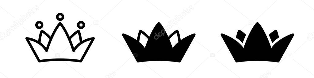Crown set. Black flat icons of crowns. Vector clipart isolated on white background.