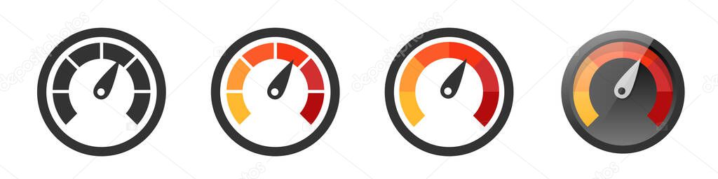 Set of speedometers. Car speed indicator black and color icons isolated on white background. Vector clipart.