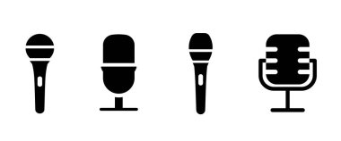 Mikrofon. Mikrofonlar siyah simgeler ayarlandı. Beyaz arkaplanda vektör ortamı izole edildi.
