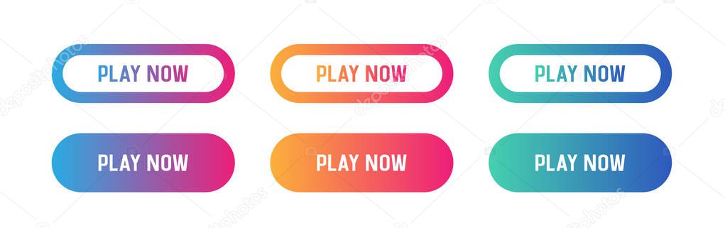 Set of Play Now Buttons. Gradient buttons. Vector clipart isolated on white background.