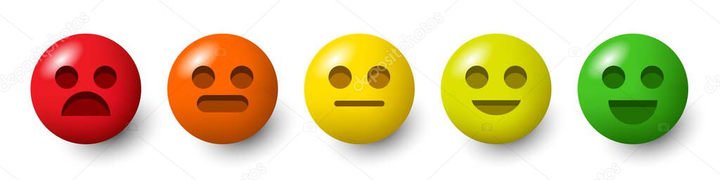 Rating scale or pain scale in the form of emoticons. From red to green smiley. 3d emoticons. Vector clipart isolated on white background.