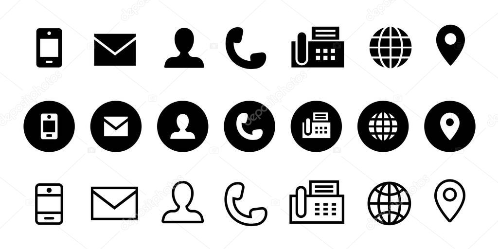 Business card icons. Contacts icons. Phone, user, envelope, address, fax machine. Website icons. Black vector icons isolated on white background. Vector clipart.