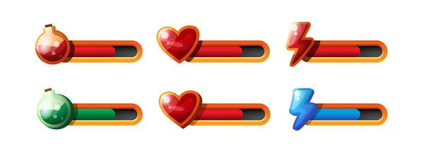 Mana, health, energy. Mana bar, energy bar, life bar. Scale for video game. Video game interface elements. Vector clipart isolated on white background.