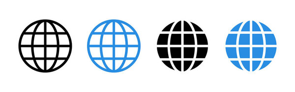 Значок глобуса. Черно-синие иконы выделены на белом фоне. Векторный клипарт.