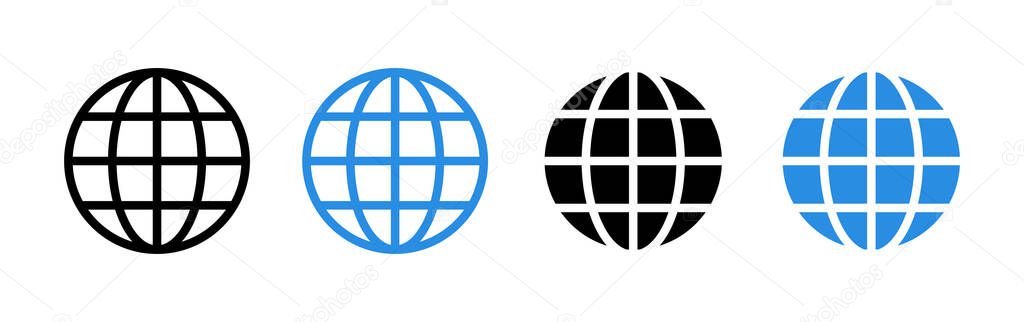 Globe icon. Black and blue icons isolated on a white background. Vector clipart.