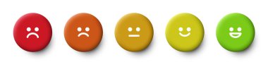 Puanlama ölçeği ya da duygu simgesi şeklinde acı ölçeği. Kırmızıdan yeşile gülen yüz. 3D emoticonlar. Beyaz arkaplanda vektör ortamı izole edildi.