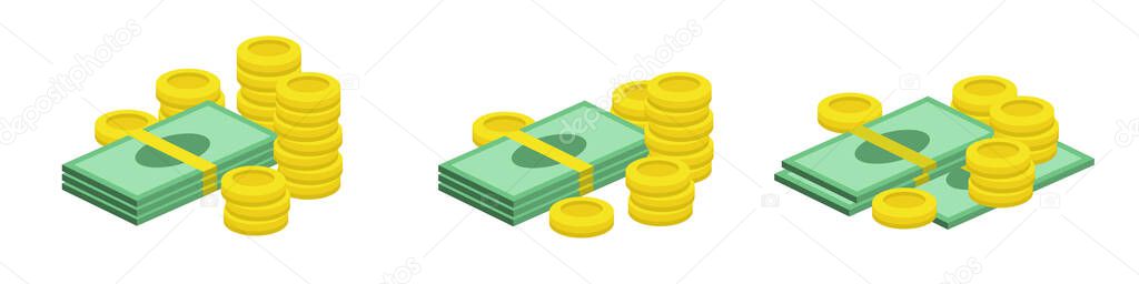 Stack of cash and gold coins. Wad of cash. Vector color clipart isolated on white background.
