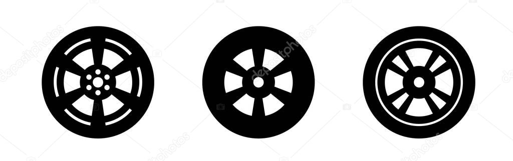 Wheel icon set. Set of black flat icons. Vector clipart isolated on white background.