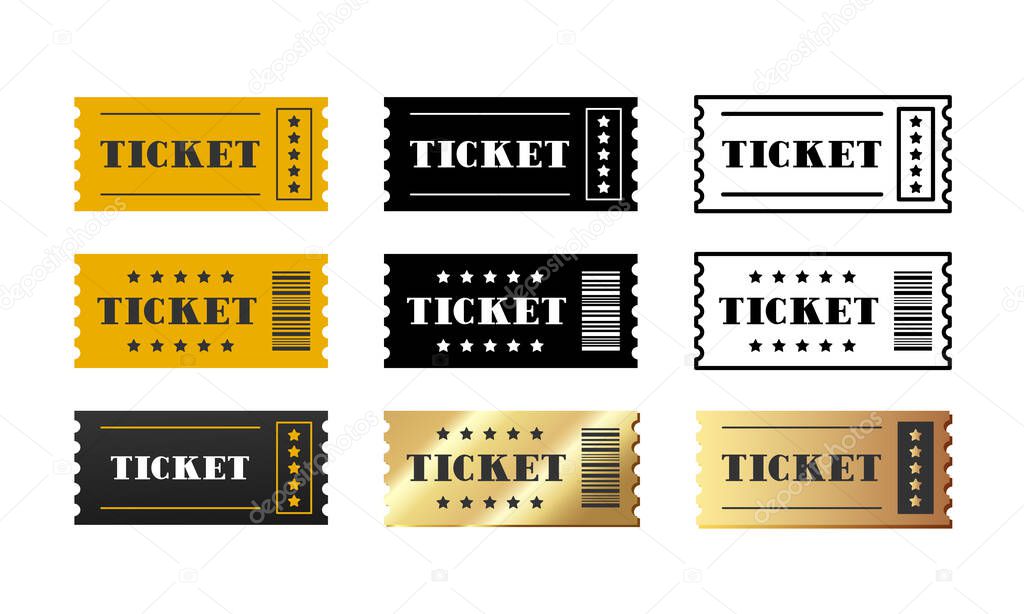 Ticket. Set of colored, black and gold tickets. Vector clipart isolated on white background.