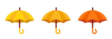 Sarı şemsiyeler. 3D şemsiye takımı. Beyaz arkaplanda vektör ortamı izole edildi.