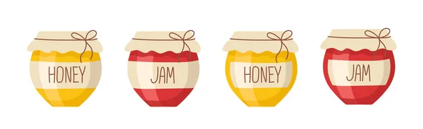 蜂蜜とジャムのジャー ラズベリーまたはストロベリージャム 蜂蜜とジャムのポット 白い背景に隔離されたベクトルクリップ — ストックベクタ