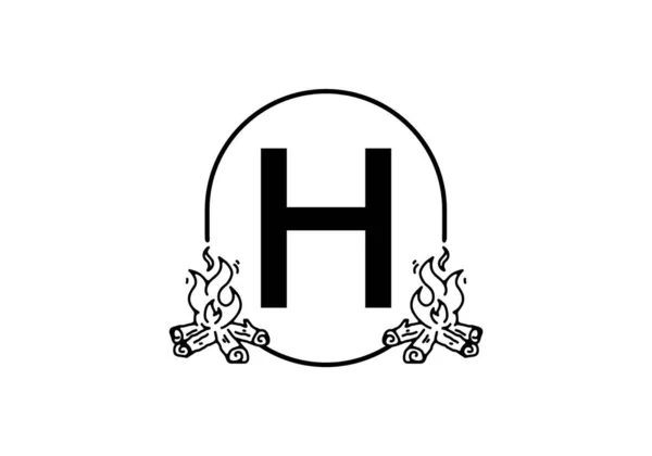 H最初の文字のデザインとたき火のブラックラインアート — ストックベクタ