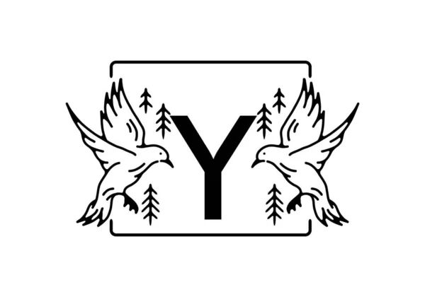 Yの頭文字のデザインの鳥ラインアートの黒の色 — ストックベクタ