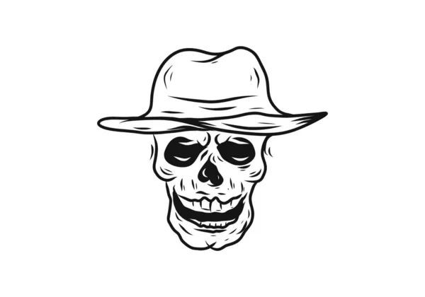 Desenho Arte Linha Preta Crânio Vestindo Chapéu Cowboy Design — Vetor de Stock