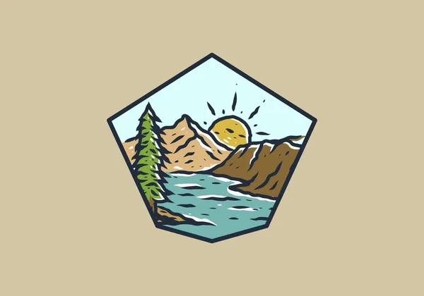 Diseño Dibujo Ilustración Lago Montaña — Vector de stock