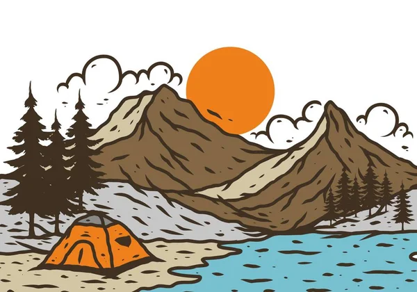 Linie Kunst Illustration Zeichnung Von Bergsee Camping Design — Stockvektor