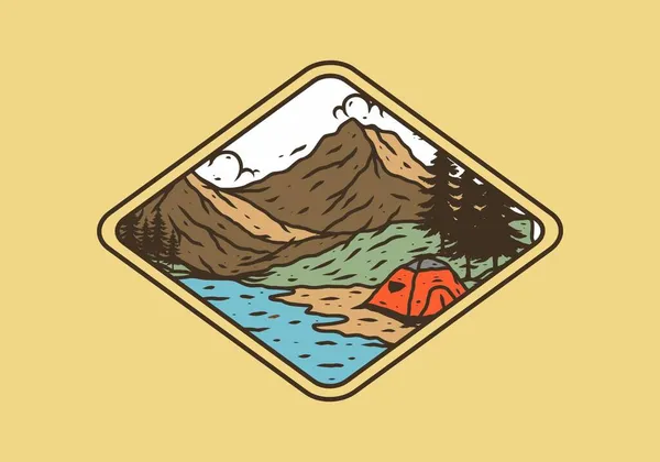 Linea Arte Illustrazione Disegno Montagna Lago Camping Design — Vettoriale Stock